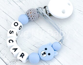 Silicone Dummy Clip Personalised Bear Soother Clip Dummy Chain Personalized Pacifier Clip Dummy Holder Christening Gift MAM Clip Bib