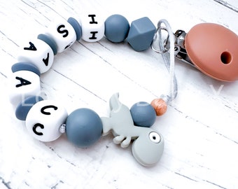 Personalized Dinosaur Pacifier Clip, Grey Baby Soother Chain