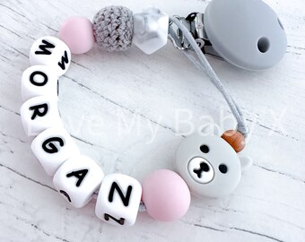 Bear Silicone Soft Dummy Clip | Pacifier Clip Paci Clip Dummy Chain Newborn Gift Personalised Soother Holder first Gift MAM Clip Bib New Mum