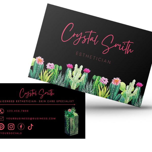 Cactus Succulent Desert Pink Green Editable Business Card Template