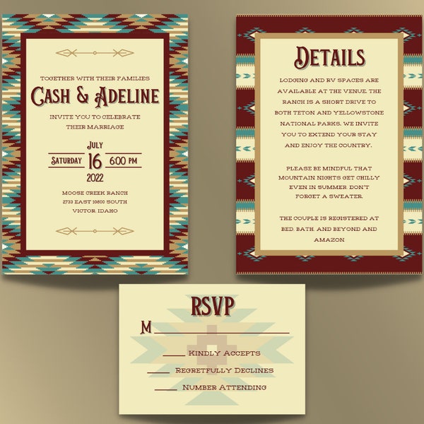 Western Aztec Southwestern Red and Turquoise Cowboy Wedding Invitation Set Suite, Editable, Instant Download