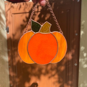 Pumpkin Stained Glass Suncatcher, Fall Halloween Decor or Gift, Ornament, Window or Wall Hanging
