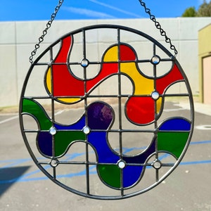 Large Rainbow Stained Glass Suncatcher, Handmade, Unique Abstract Design, Window or Wall Hanging, One-of-a-kind Home Decor