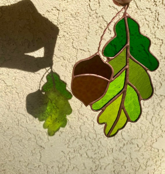 Oak Leaf Acorn Stained Glass Suncatcher Fall Autumn Etsy