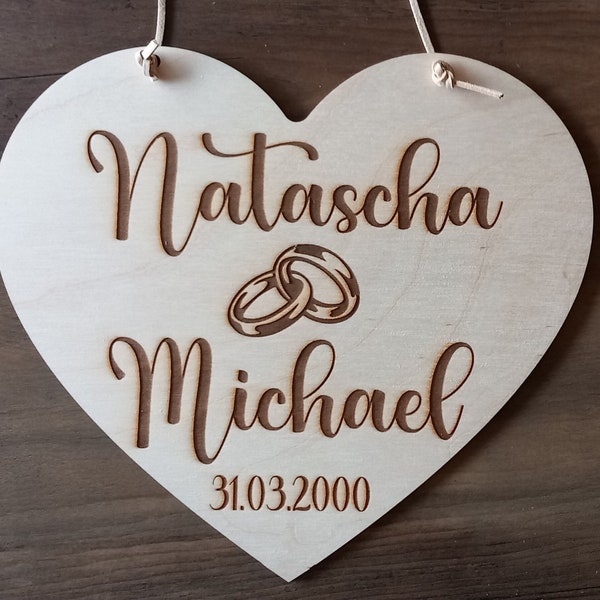 Wooden heart Heart made of wood with personalized lettering for the wedding / names of the bride and groom, wedding rings and wedding date / 48 fonts