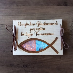 Geldgeschenk zur Kommunion / Wunschtext / 48 Schriften / Kommunionsgeschenk / Geschenkkarte aus Holz / Kommunionskarte / Geschenkverpackung