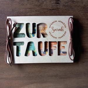 Geld cadeau geldkaart voor doop met gewenste tekst cadeaukaart van hout / verrassing / cadeauverpakking / houten kaart / wenskaart