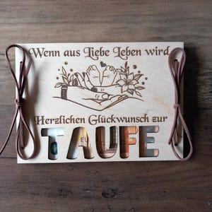 Geldgeschenk Geldkarte zur Taufe mit Wunschtext Geschenkkarte aus Holz /  Überraschung / Geschenkverpackung /  Holzkarte / Glückwunschkarte