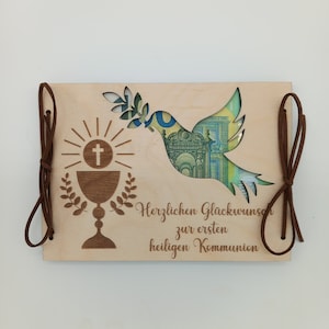 Geldgeschenk zur Kommunion / Wunschtext / 48 Schriften / Kommunionsgeschenk / Geschenkkarte aus Holz / Kommunionskarte / Geschenkverpackung