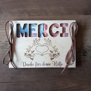 Tarjeta de regalo en efectivo Merci con texto deseado, tarjeta de regalo de madera / sorpresa / envoltura de regalo / tarjeta de madera / tarjeta de felicitación