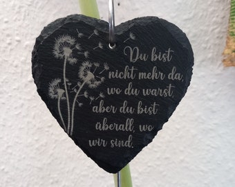 Slate heart with custom text engraving, for grave arrangements, slate stake, bereavement gift, plant stake, grave decoration, personalized with 48 fonts