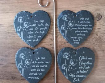 Slate heart with custom text engraving, for grave arrangements, slate stake, bereavement gift, plant stake, grave decoration, personalized with 48 fonts