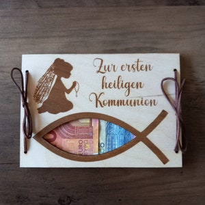 Geldgeschenk zur Kommunion / Wunschtext / 48 Schriften / Kommunionsgeschenk / Geschenkkarte aus Holz / Kommunionkarte / Geschenkverpackung