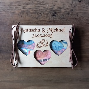 Regalo in denaro con carta di denaro per il matrimonio / personalizzato / 48 caratteri / regalo di nozze / carta regalo in legno / carta di nozze