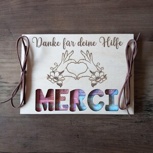 Tarjeta de regalo en efectivo Merci con texto deseado, tarjeta de regalo de madera / sorpresa / envoltura de regalo / tarjeta de madera / tarjeta de felicitación