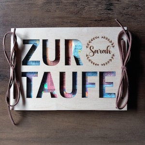 Geld cadeau geldkaart voor doop met gewenste tekst cadeaukaart van hout / verrassing / cadeauverpakking / houten kaart / wenskaart