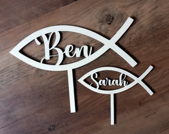 Plant plug fish with name, personalized / flower plug / cake topper / communion, confirmation, baptism, confirmation, wooden fish 5 sizes