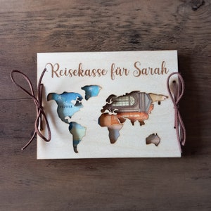 Geldgeschenk Geldkarte Reisekasse personalisiert / 48 Schriften / Geschenkkarte aus Holz / Geburtstagskarte / Geschenkverpackung