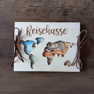 Geldkarte Geldgeschenk Reisekasse / 48 Schriften / Weltkarte / Geschenkkarte aus Holz / Geburtstagskarte / Überraschung / Geschenkverpackung