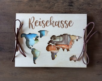 Geldgeschenk Reisekasse / 48 Schriften / Wunscherfüller / Geschenkkarte aus Holz / Geburtstagskarte / Überraschung / Geschenkverpackung