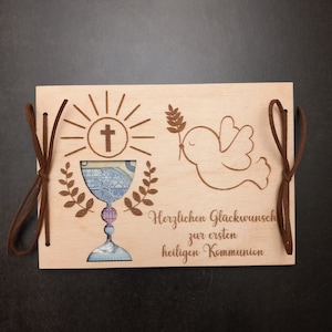 Geldgeschenk zur Kommunion / Wunschtext / 48 Schriften / Kommunionsgeschenk / Geschenkkarte aus Holz / Kommunionskarte / Geschenkverpackung