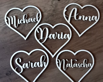 Heart place card / place card with wooden names for the wedding and other celebrations, wooden names, personalized wooden lettering