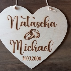 Wooden heart Wooden heart with personalized lettering for the wedding / names of the bride and groom, wedding rings and wedding date / 48 fonts