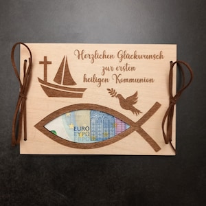 Geldgeschenk zur Kommunion / Wunschtext / 48 Schriften / Kommunionsgeschenk / Geschenkkarte aus Holz / Kommunionskarte / Geschenkverpackung