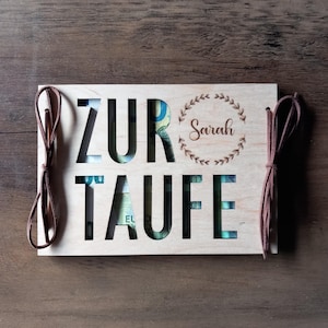 Geld cadeau geldkaart voor doop met gewenste tekst cadeaukaart van hout / verrassing / cadeauverpakking / houten kaart / wenskaart