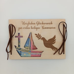 Cadeau en argent pour la communion / texte souhaité / 48 polices / cadeau de communion / carte cadeau en bois / carte de communion / emballage cadeau