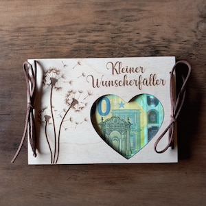 Esauditore di desideri regalo in denaro personalizzato / 48 caratteri / buono regalo in legno / biglietto d'auguri / confezione regalo