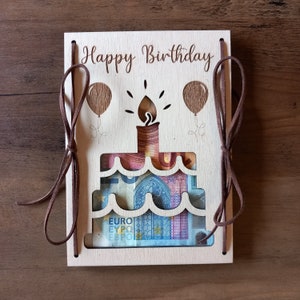 Geldgeschenk zum Geburtstag mit Wunschtext / 48 Schriften / Geschenkkarte aus Holz / Geburtstagskarte personalisiert / Geschenk Überraschung