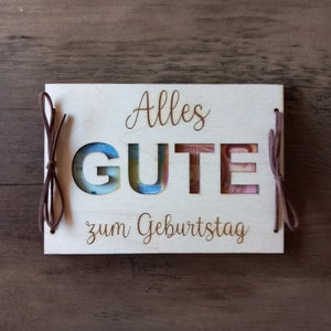 Geldcadeau - het allerbeste / gewenste tekst / 48 lettertypen / cadeaukaart van hout / verjaardagskaart gepersonaliseerde geschenkverpakking