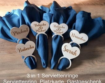 3 in 1 servetringen voor bruiloften met uw gewenste tekst / 48 lettertypes / servetringen van hout, plaatskaart bruiloft / huwelijkscadeau