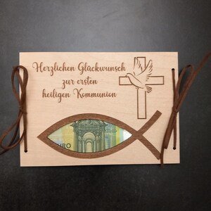 Geldgeschenk zur Kommunion / Wunschtext / 48 Schriften / Kommunionsgeschenk / Geschenkkarte aus Holz / Kommunionskarte / Geschenkverpackung