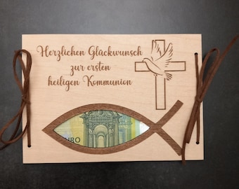Geldgeschenk zur Taufe / Wunschtext / 48 Schriften / Taufgeschenk / Geschenkkarte aus Holz / Taufkarte / Geschenkverpackung