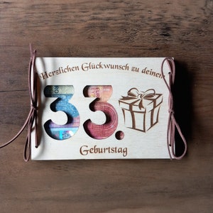 Geldkarte Geldgeschenk personalisiert 48 Schriften / Geschenkkarte aus Holz Geburtstagskarte / Geschenkverpackung / 33. Geburtstag  50 60 70