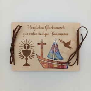 Regalo de dinero para comunión / texto deseado / 48 fuentes / regalo de comunión / tarjeta de regalo de madera / tarjeta de comunión / embalaje de regalo