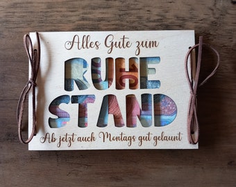 Cash gift, money card, retirement, pension with desired text, wooden gift card / birthday card, surprise gift wrapping