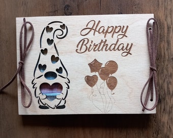 Geldgeschenk Gnom zum Geburtstag oder mit Wunschtext / 48 Schriften / Geschenkkarte aus Holz / Geburtstagskarte / Happy Birthday