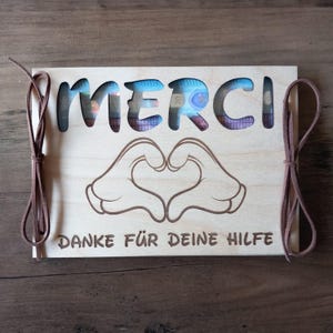 Merci Geldgeschenk Geldkarte mit Wunschtext Geschenkkarte aus Holz /  Überraschung / Geschenkverpackung /  Holzkarte / Glückwunschkarte