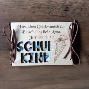 Geldkarte Geldgeschenk zur Einschulung personalisiert / 48 Schriften / Geschenkkarte aus Holz Geburtstagskarte / Geschenkverpackung