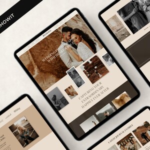 May include: Four tablets displaying a wedding photography website. The website features a neutral color palette with images of couples and text that reads "Wedding Photography with Heart & Soul" and "Capturing Your Extraordinary Happily Ever After."