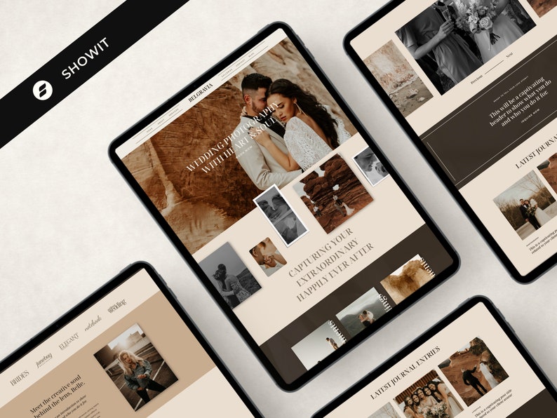 May include: Four tablets displaying a wedding photography website. The website features a neutral color palette with images of couples and text that reads "Wedding Photography with Heart & Soul" and "Capturing Your Extraordinary Happily Ever After."