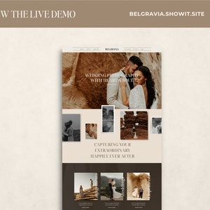 May include: A website mockup with a neutral color palette, showcasing wedding photography. The site features images of couples, with text that reads "Wedding Photography With Heart & Soul" and "Capturing Your Extraordinary Happily Ever After."