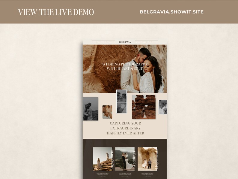 May include: A website mockup with a neutral color palette, showcasing wedding photography. The site features images of couples, with text that reads "Wedding Photography With Heart & Soul" and "Capturing Your Extraordinary Happily Ever After."
