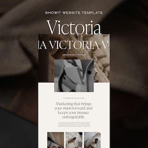 Puede incluir: Plantilla de sitio web "Victoria" con el texto "Marketing that brings your vision forward and keeps your presence unforgettable." El diseño presenta una paleta de colores neutros, una imagen en escala de grises y tipografía elegante.