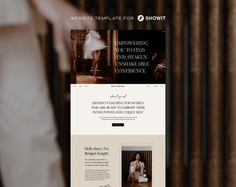 May include: A website template for Showit featuring a landing page layout with a dark header, serif typography, and sections for mindset coaching. The design includes text blocks, a hero image of a person in a white dress, and a bio section for Bridget Knight.