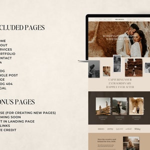 May include: A laptop screen displaying a website design for wedding photography. The website features a couple, sample photos, and text including "Wedding Photography with Heart & Soul" and "Capturing Your Extraordinary Happily Ever After."