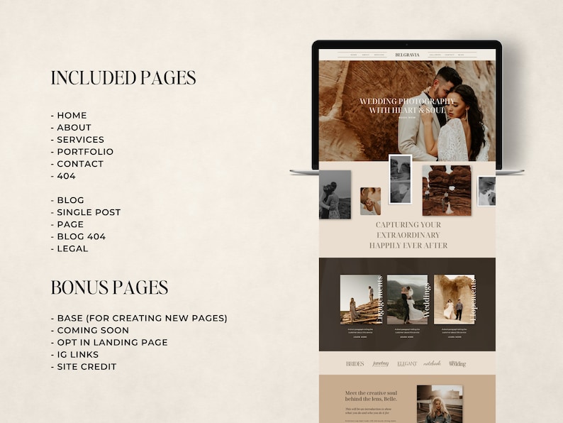 May include: A laptop screen displaying a website design for wedding photography. The website features a couple, sample photos, and text including "Wedding Photography with Heart & Soul" and "Capturing Your Extraordinary Happily Ever After."